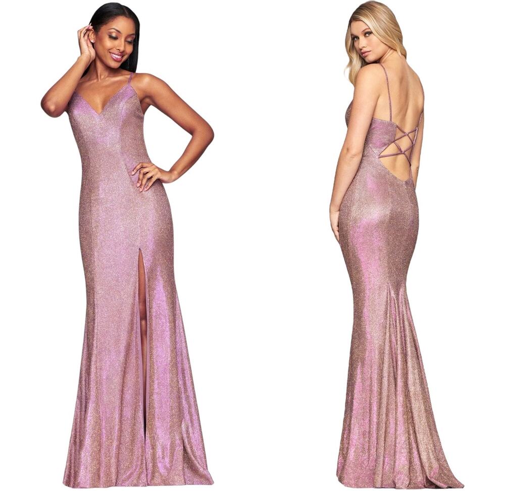 Faviana Pink Metallic Slip Gown Open Back Slit Dress XS S
